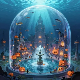 A bustling beautiful city on the sea floor inside a glass dome with halloween decarations during halloween, anime, fountain, statue, underwater, rapture, fish flying over head, godrays, a fantasy digital painting by Greg Rutkowski and James Gurney, trending on Artstation, highly detailed