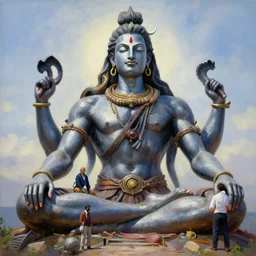 a giant statue of shiva mecha, tim hildebrandt, wayne barlowe, bruce pennington, donato giancola, trending on artstation, cinematic composition, beautiful lighting, hyper detailed, 8 k, oil on canvas