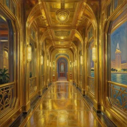 a corridor in the atlantis paradise, a retro futuristic spaceship made of brass, art deco influence, hotel style design. painting by artgerm and greg rutkowski.
