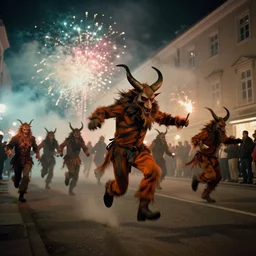 kodak portra 4 0 0, 5 0 0 mm tele lens, f 1. 2, long exposure time, award winning dynamic vivid atmospheric photograph of running jumping hazardous horde krampus, by robert capas, in muted colours, striped orange and teal, motion blur, on a street in salzburg at night with colourful exploding pyro firework and torches, fog