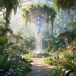 beautiful garden in a geodesic dome, hanging gardens, crystals, light dust, by peter mohrbacher dan mumford craig mullins nekro, cgsociety, pixiv, volumetric light, 3 d render