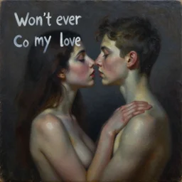you won't ever catch my love detailed and highly reliefed oil painting with canvas texture in style of conteporary art photorealistic, surrealism, expressionism, masterpiece, balanced composition, dark colors, grim atmosphere, spectacular quality, trending on artstation, intricate oil details