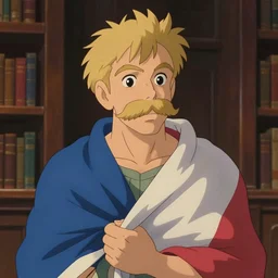 animation still frame of an athletic blond man with a blond mustache, he is wrapped in a french flag, high angle closeup portrait, blurry background of a library, disney, pixar, bloom, medium shot, dramatic lighting, in the style of studio ghibli, j. c. leyendecker, greg rutkowski, artgerm