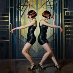 full length portrait of 2 0 year old mary louise brooks dancing, shiny bob haircut, dramatic light, abstract art deco city background, air brush art, high contrast, sharp,, painted by ross tran 1 9 2 0 s