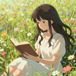 a beautiful girl with long dark hair, sitting in a field of flowers, reading a book, sunny, daytime, sharp focus, intricate, digital painting, artstation, official media, anime key visual, highly detailed, rich vivid colors, ambient lighting, illustration, art by Artgerm, Makoto Shinkai, Ilya Kuvshinov, Lois Van Baarle, Miyazaki Hayao, and Rossdraws