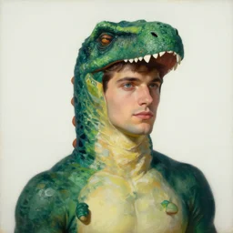 a handsome man. he is wearing a dinosaur themed superhero costume. clean elegant painting, beautiful detailed face. by artgerm and greg rutkowski and alphonse mucha
