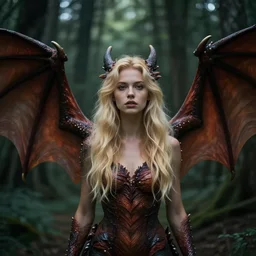 very pretty blond dragon girl with huge dragon wings in a dark forest, perfect symmetrical face, shallow depth of field, moody lighting, single point of light, 8 k, ultra realistic, in the style of martina fackova,