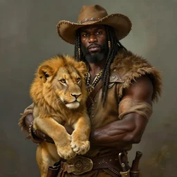 An Balck 1920's adventurer holding a lion cub in his hands in World of Warcraft, cover art, ultra wide lens shot, pretty, beautiful, DnD character art portrait, matte fantasy painting, DeviantArt Artstation, by Jason Felix by Steve Argyle by Tyler Jacobson by Peter Mohrbacher, cinematic lighting