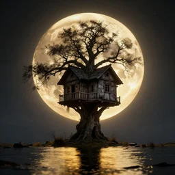 an lone haunted treehouse on the moon, in a storm, golden hour, ray tracing reflection, 8k, hyper realistic, insanely detailed, hdr, octan render,