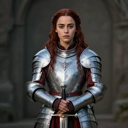 emilia clarke, as a medieval fantasy character, with dark reddish hair, wearing light, silver armor and red clothing, tan complexion, holding a longsword, neutral expression, noble, cinematic, dark, realistic, digital art, 8 k