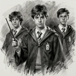 charcoal sketch of teenage charlie day, wearing hogwarts uniform, holding wand, casey baugh, louis smith, jeff haines