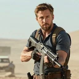 ryan gosling in fallout 4 holds a minigun in his hands
