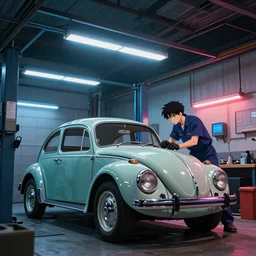 interior shot, car garage, car repair workshop, mechanic reparing a old wolks wawen Beatle,  neon lights, james gurney, katsuhiro otomo, james paick, cinematic lighting, artstation, vibrant nature, anime style, Craig Mullins, Greg Rutkowski, Pete Morbacher, Tuomas Korpi, tekkon kinreet, volumetric light, artstation, , octane render, redshift render, low angle camera