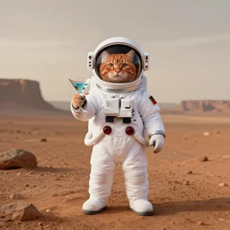 long shot, wide angle view, photo of orange cat in white astronout suit without helmet, holding a martini glass, martian landscape background, photorealistic, digital art, by alejandro jimenez, bernardo gonzalez perez, blow studio, hdr, 8 k