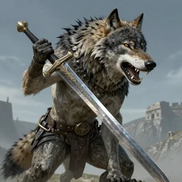 Giant wolf holding a large sword in its mouth, hd, intricate, Greg Rutkowski, Elden Ring, 8k, digital art