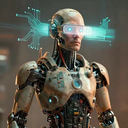 a beautiful!! photo of a middle - aged!! bionic!! male!! cyborg, cyberpunk, circuit boards, electronic components, augmented vision, volumetric light, photography, dystopian, extremely detailed, photorealistic!, stunning, digital art trending on artstation, orange, cyan, washed out colors