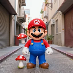 super mario as a drug dealer selling a magic mushroom in the alleys of los angeles, super mario in real life, red hat, blue overalls, canon eos r 3, f / 1. 4, iso 2 0 0, 1 / 1 6 0 s, 8 k, raw, unedited, symmetrical balance, wide angle