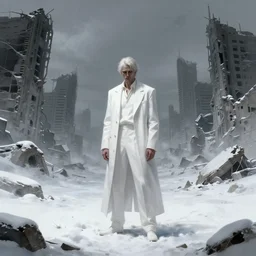 a somber man dressed in white, standing in a desolate snowy wasteland amid ruins of a city, insane, intricate, highly detailed, digital painting, artstation, concept art, smooth, sharp focus, illustration, Unreal Engine 5, 8K, art by artgerm and greg rutkowski and alphonse mucha —H 896 —C 8.0 —n 9 —i —s 150