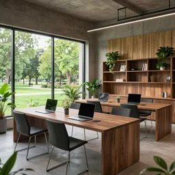 an indonesia themed work space interior, walnut wood, minimalism, large windows, multiple desks, meeting desks, technology, cupboards, green plants, large windows with a view of a park, industrial, concrete, bamboo, 8 k