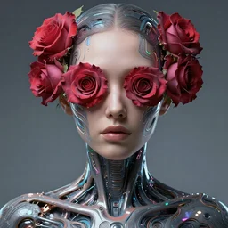 portrait of a female face with roses instead of eyes, cyberpunk cyborg. roses, sci - fi, intricate abstract upper body intricate artwork, by tooth wu, wlop, beeple, dan mumford. concept art, octane render, deviantart, greg rutkowski, cinematic arthouse, key art, hyper realism, iridescent accents