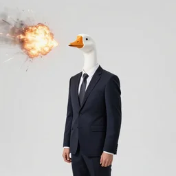 man wearing a suit and a goose mask looking at an explosion in new york, ruined buildings, rubble, fire from hands