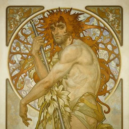 an art nouveau painting of a satyr, highly detailed, intricate, artstation, by alphonse mucha and james gurney