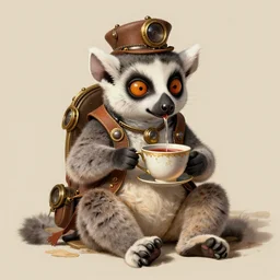 an steampunk lemur having a cup of tea, by donato gioncola, mark ryden
