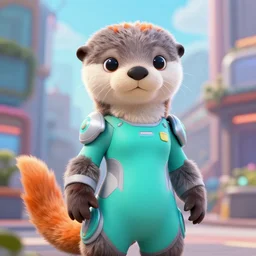 photo of a cute male gray turquoise white orange otter fursona wearing tight futuristic clothes a city, fantasy, paws, 8 k resolution, hyper detailed, character design