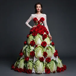 expressive full body photo of a beautifull woman in lace dress with red roses, dress made of cabbages, glamour shot, by karol bak, stefan gesell, photorealistic, nikon d 4 x, fashion photography, hyper maximalist, elegant, ornate, luxury, elite, environmental portrait, symmetrical features, octane render, unreal engine, solid dark grey background, dramatic lights,