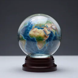 studio photo of a miniature planet inside a crystal ball, centered on a table, studio lighting, photorealistic, 8 k