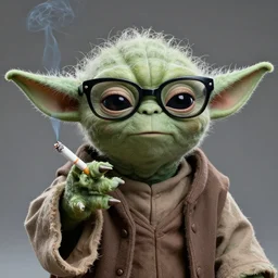 portrait of yoda wearing dark rap glasses and smoking a cigaret