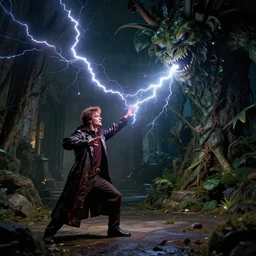 wide angle view, the wizard harry dresden in his long leather duster summoning a lightning bolt to zap a giant plant monster, high contrast cinematic light, mystical shadows, sharp focus, octane render, artist philippe caza richard corben and mœbius
