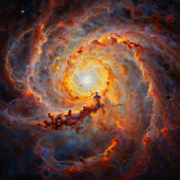 an abstract oil painting of an unbelievably beautiful space nebula; swirling sheets of light and fire; hyper-detailed; an extraordinary masterpiece!!!; flawless; trending on artstation