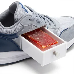 sports shoe with built - in attached tiny sliding drawer open, slice of jerky inside, product photo