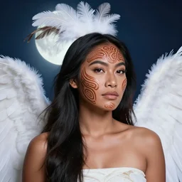 Beautiful young angelic Maori woman, with Moko kauae, wearing Huia feathers bright moonlight. Hine-nui-te-po, Moko kauae, Niwareka, Tawhirimatea, Aotearoa. made by Stanley Artgerm Lau, ArtStation, CGSociety, octane render, trending on artstation, artstationHD, artstationHQ, unreal engine, 4k, 8k,