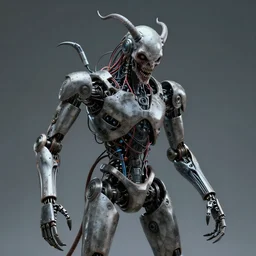 robot demon with no mouth, abomination, scary, lots of wires, 8 k, highly detailed, extreme detail, photorealism