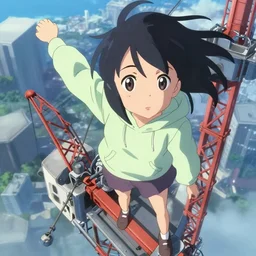 anime film visual of a young girl with black hair and hoodie standing on the top of tower crain, cute face by ilya kuvshinov, makoto shinkai, kyoto animation, dynamic perspective and pose, detailed eyes, less nose, crisp and sharp cel shade