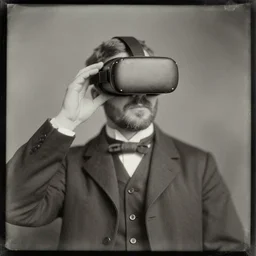 tintype photo of a man from the 1800s using a wired vr headset