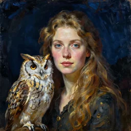 portrait of a woman with owl at night. painting by odd nerdrum