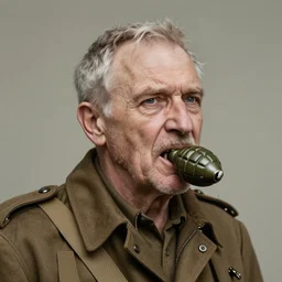 old man portrait, ww 2 hand grenade in his teeth, greg rutkowski art