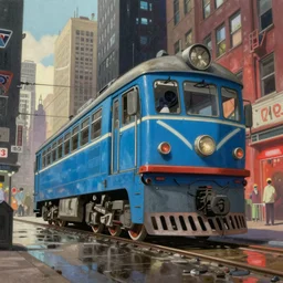 blue tram. old locomotive. very low angle. very detailed painting by ghibli studios, futuristic. dreamlike. weird. horrific. wet asphalt. city street at 1 9 5 0 s. low angle. old photo. atmospheric. skyscrapers. vivid colours, mysterious. epic scene. 4 k. hyper detailed.