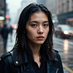 street photograph portrait in the style of bruce gilden of a young woman who got caught in a rainstrom in the city, hyper detailed, harsh lighting, close - up, portra 4 0 0