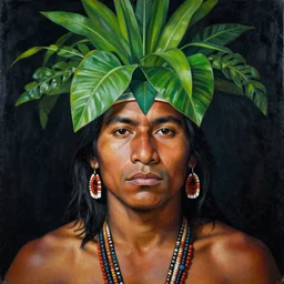 a male tupi guarani warrior portrait, tropical plants hiding the top part of his face, by marco mazzoni, dark background