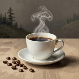 still life steaming coffee with coffee beans. art by maria sibylla merian