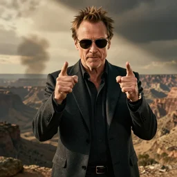 patrick stewart as a gigachad with sunglasses, doing finger guns