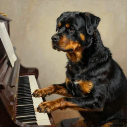 rottweiler playing the piano, oil painting, artgerm, portrait, highly detailed, artstation