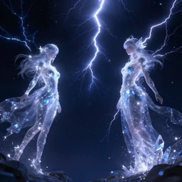 celestial beings, lightning, crystalline shimmers,