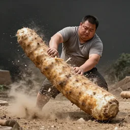 a dramatic photo of a slightly fat man smashing a giant yam