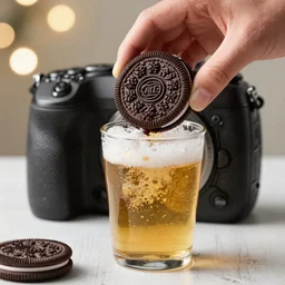 dlsr food photograph of a hand dipping an oreo in beer, bokeh, studio lighting, 5 0 mm f 1. 4
