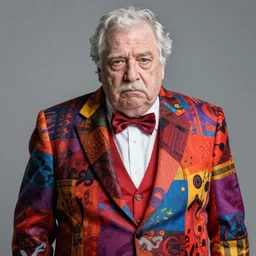 studio photo still of old age obese old don cherry, sad, fugly colourful suit, hockey night in canada tv host, minimal complexity, by greg rutkowski, cushart krentz, artgerm, ross tran, conrad roset, 4 k, hd, hdr